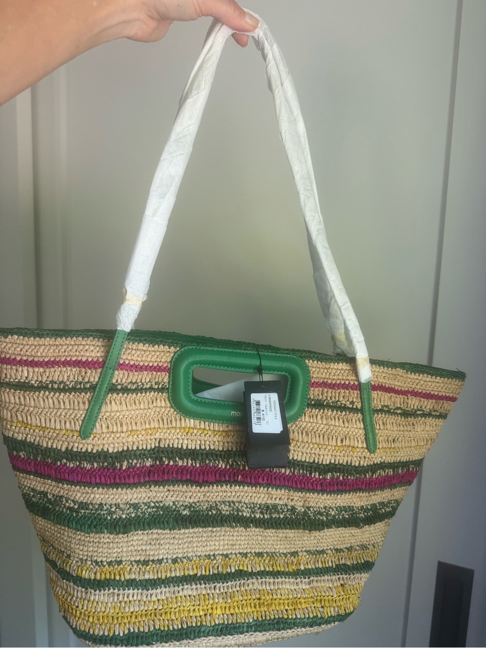 Maje Multicolor Straw Tote with Green Trim